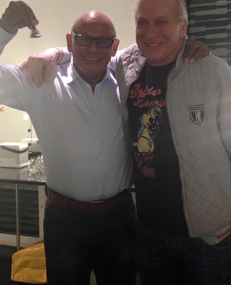 Golden Earring roadie Hans Muysson birthday picture with John O'Hello (security)